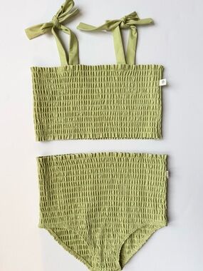 Smocked High-Waist Kids Two-Piece Swim Set in Lime
